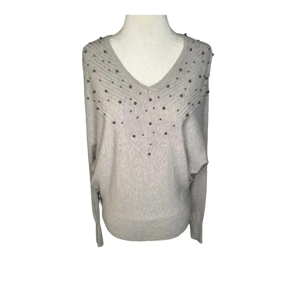 Carmen Marc Valvo Women's Gray Studded V-Neck Sweater Size Small